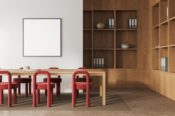 White and wooden board room interior with poster