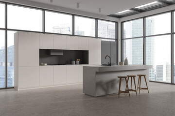 Luxury home kitchen interior with bar counter and cooking corner, window