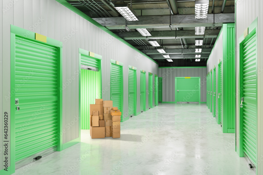 Poster storage units rent. modern warehouse for individual storage. corridor with gate in storage units. bo