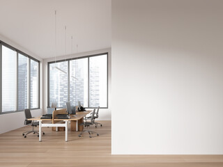 Modern coworking interior with pc computer and chairs, window. Mock up wall