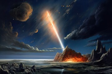 astronomy background atmosphere major news spectacular impact collision enters asteroid meteorite meteor cosmos Meteor planet earth glowing atmosphere event damage comet boul Earth's it rock object - obrazy, fototapety, plakaty