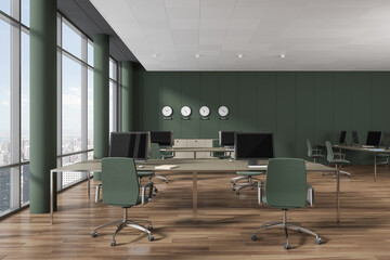 Green business interior with workspace, sideboard with clock and window