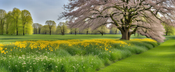 Landscape concept background beautiful meadows in springtime