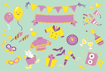 Icon stuff for happy new year,cartoon style flat color 