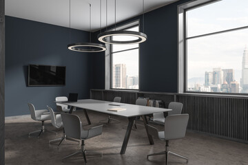 Dark business room interior with meeting table and seats, panoramic window