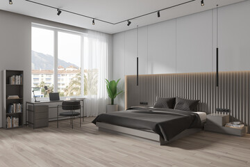 White hotel bedroom interior with bed and work corner, panoramic window