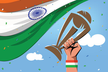 vector illustration of indian fan hand holding sports trophy and celebrating, indian flag behind