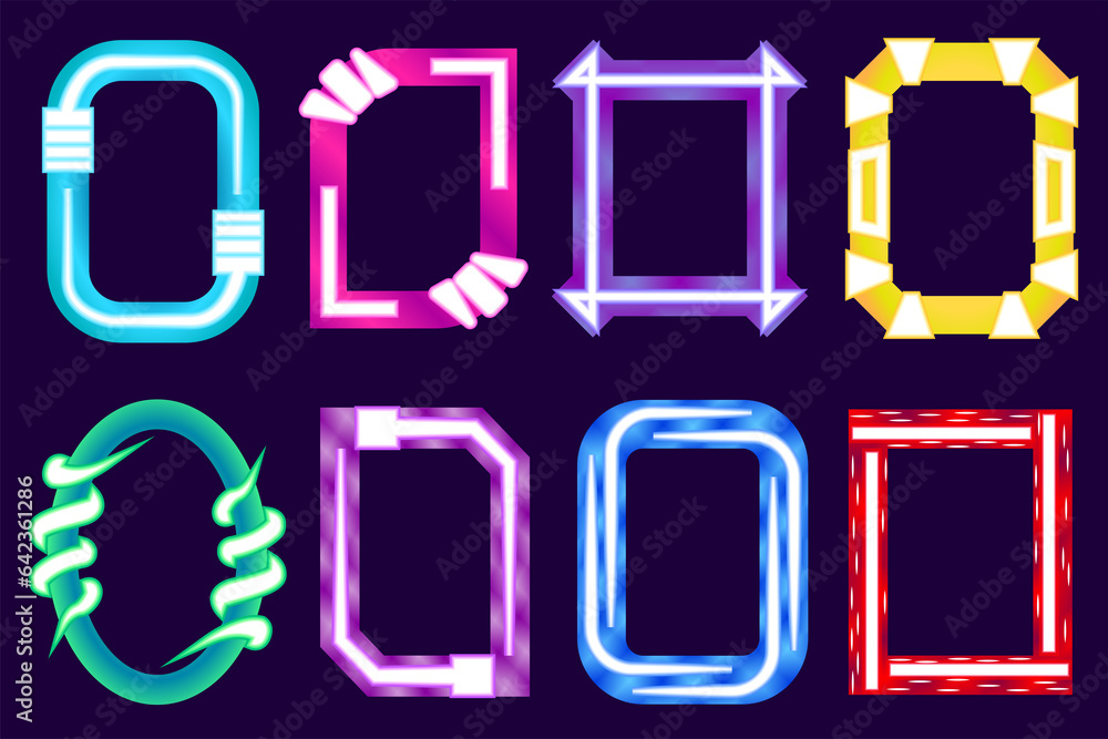 Poster abstract glowing neon frames. stylized geometric colorful shining frames isolated on dark background