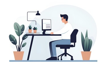 Minimalist character illustration of a person working in front of a laptop