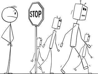 Human Loosing to AI or Robot Competitors, Vector Cartoon Stick Figure Illustration