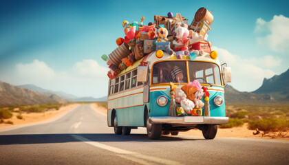 Colorful bus transporting pastel color christmas presents for all kids of the world. Sunny summer Xmas outdoor creative scene in nature. Place for text. - obrazy, fototapety, plakaty