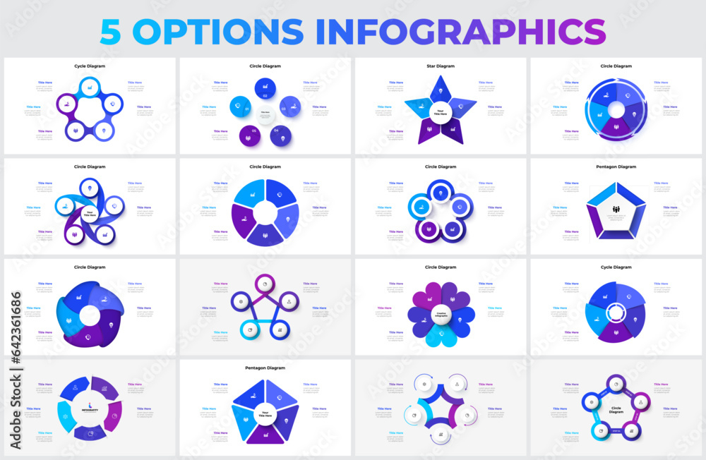 Aufkleber Big set of vector pentagons, circles, arrows and abstract elements for cycle infographic with 5 options
