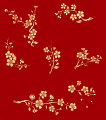 Free hand Sakura flower vector set, Beautiful line art Peach blossom isolate on white background
