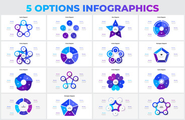 Big set of vector pentagons, circles, arrows and abstract elements for cycle infographic with 5 options