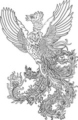 Obraz premium Beautiful line art of Phoenix for tattoo design on background.Phoenix vector for printing on shirt.Phoenix vector illustration for doodle art and coloring book on white isolated background.paper cut.