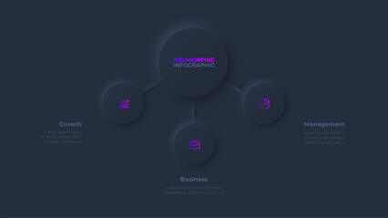 Dark neumorphism flow chart infographic slide. Concept of business project visualization with 3 options