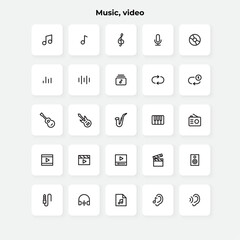 Audio and video line icons set. Notes, microphone, guitar, saxophone, piano and musical instruments