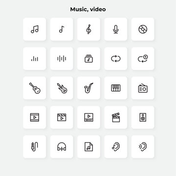 Audio and video line icons set. Notes, microphone, guitar, saxophone, piano and musical instruments