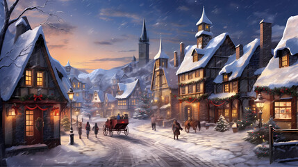 Fototapeta premium A picturesque village street after a fresh snowfall, with glowing windows and kids playing