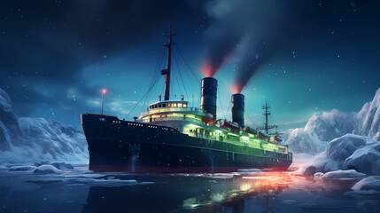 An icebreaker ship forging its way through frozen waters under the northern lights