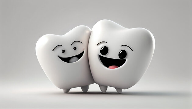 2cute teeth hugging, healthy teeth, Close up white background, Ai generated image