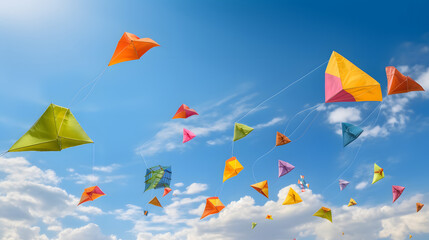 A group of colorful kites soaring high in the blue sky on a windy summer day