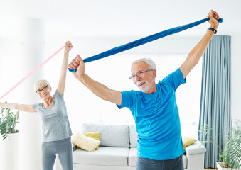 senior active exercise couple training sport fitness home band resistance elastic equipment strong strength stretching woman man pilates gym