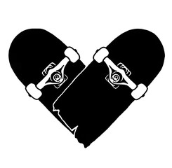 illustration of a broken skateboard forming heart shape, two broken skateboards making hearts, tattoo of broken skates with heart shape © ozgurkaankoseoglu