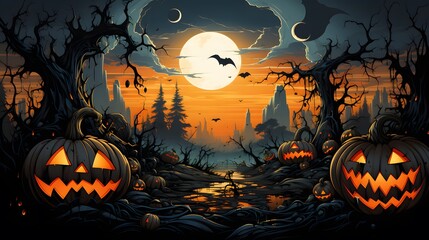Fototapeta na wymiar Halloween background with Evil Pumpkin. Spooky scary dark Night forrest. Holiday event halloween banner
