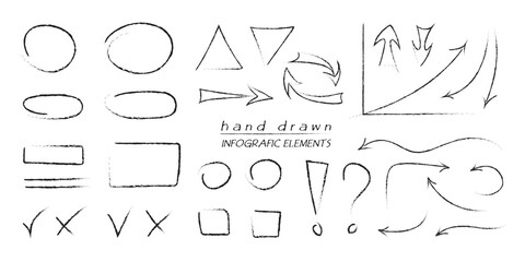 Hand drawn line infografic elements on isolated background. Black and white illustration. Elements for posters and flyers, presentation, web, social media, design and stories