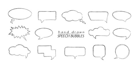 Fototapeta premium Hand drawn line speech talk bubbles on isolated background. Black and white illustration. Elements for posters and flyers, presentation, web, social media, design and stories
