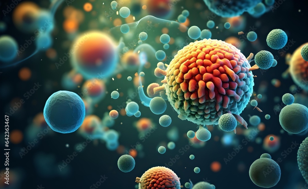Poster an abstract background with a macro shot of various microbes including virus cells and bacteria.