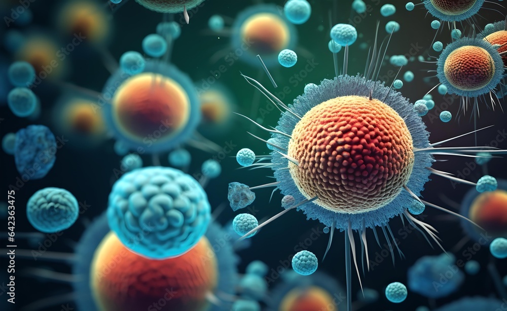 Poster an abstract background with a macro shot of various microbes including virus cells and bacteria.