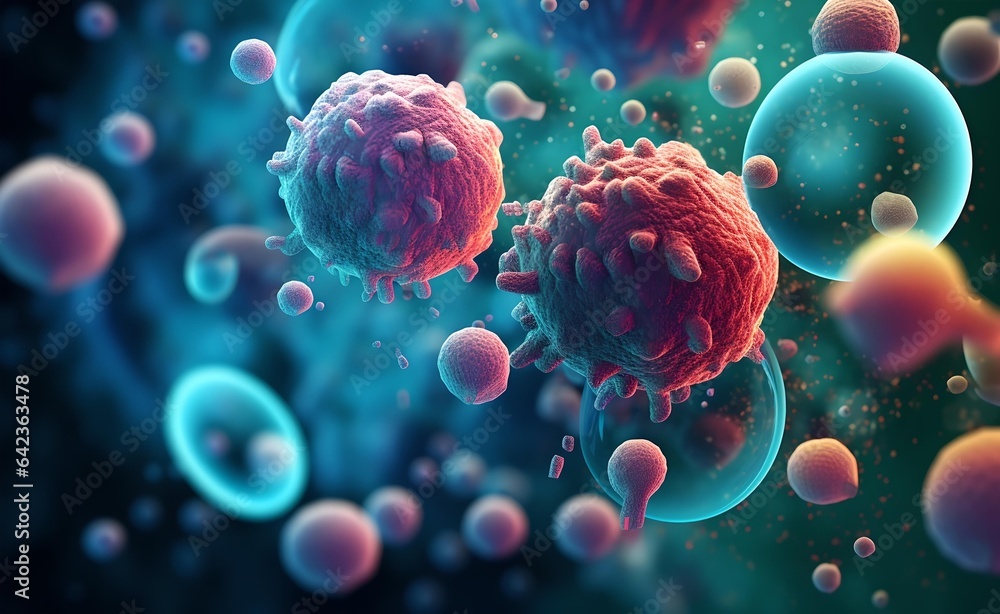 Aufkleber an abstract background with a macro shot of various microbes including virus cells and bacteria.