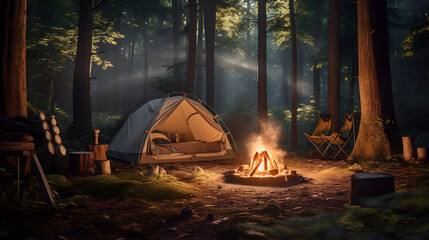 A peaceful campsite in the woods, with a tent, campfire, and camping gear