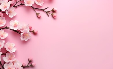 Fototapeta na wymiar Pink cherry flowers on light pink background. Greeting card template for Wedding, mothers or womans day.
