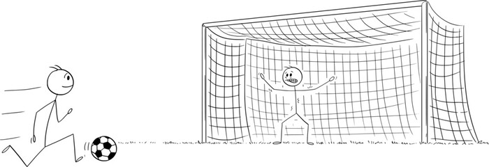 Business Goal Soccer Metaphor, Vector Cartoon Stick Figure Illustration