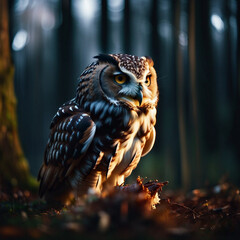 Great horned owl standing on the ground among the trees in the forest at night time. Stock image.