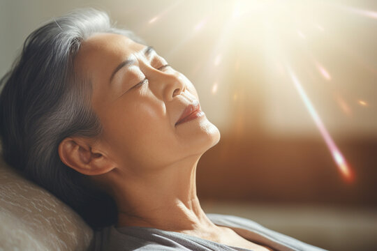 Elderly Asian Woman Experiencing Connection with Higher Self, through deep Meditation. Spiritual Awakening Concept. Digital Ai