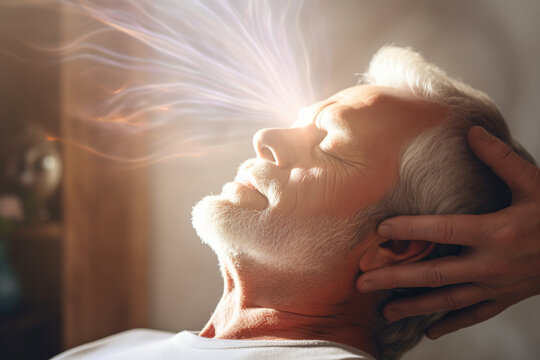 Elderly man experiencing a Reiki energy healing session, achieving serenity, balance, and emotional release. Digital Ai