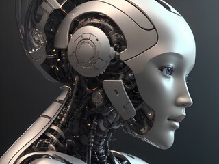 3D rendering of a female robot with a futuristic head and face