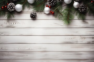 Fototapeta na wymiar Christmas background wallpaper rustic white wood surrounded by Christmas decorations. Generative AI.