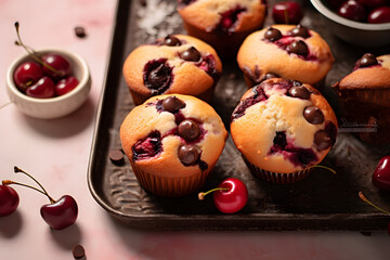 Close up of baked cherry and grapes muffins, for party, for seasonal celebration, bakery 