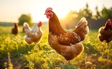 Hen with chickens outdoors on a pasture in the sun. - obrazy, fototapety, plakaty
