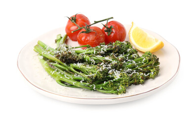 Tasty cooked broccolini with cheese, tomatoes and lemon isolated on white