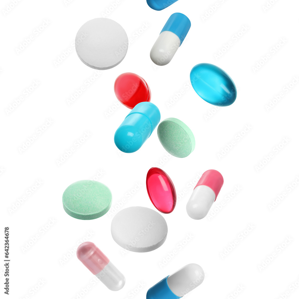 Sticker Many different colorful pills falling on white background