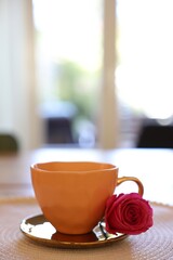 Cup of hot drink and red rose on table indoors. Space for text