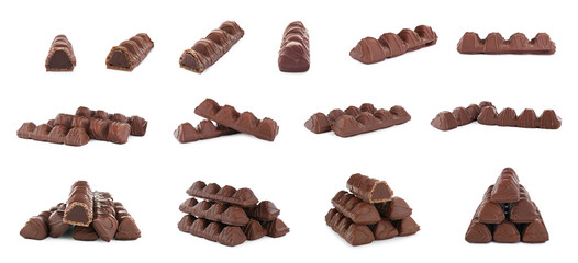 Collage with chocolate bars isolated on white