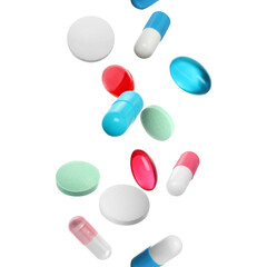 Many different colorful pills falling on white background