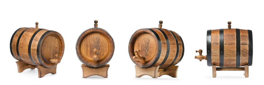 Collage of wooden barrel with tap on white background, different sides